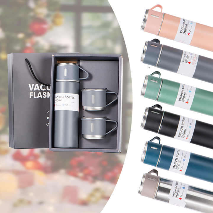 Travel Coffee Tea Thermos Vacuum Flask 500ml Stainless Steel Water Bottle Gift Set with 3 Lids