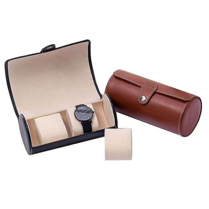 Cylinder Travel Portable Watch Tie Storage Box Three-position Watch Box Leather Jewelry Display Gift