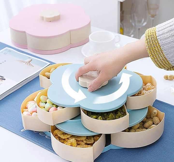 Flower Shape Nut Dried Fruit Plate Household Lattice Candy Box PP Material Rotatable Design Double L