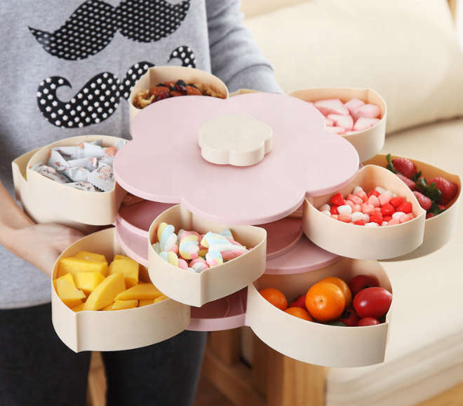 Flower Shape Nut Dried Fruit Plate Household Lattice Candy Box PP Material Rotatable Design Double L
