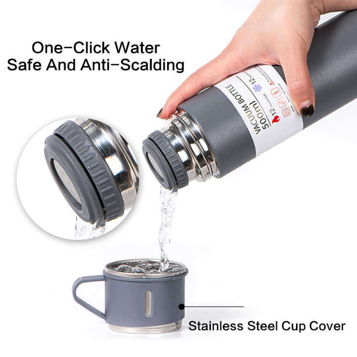 Travel Coffee Tea Thermos Vacuum Flask 500ml Stainless Steel Water Bottle Gift Set with 3 Lids
