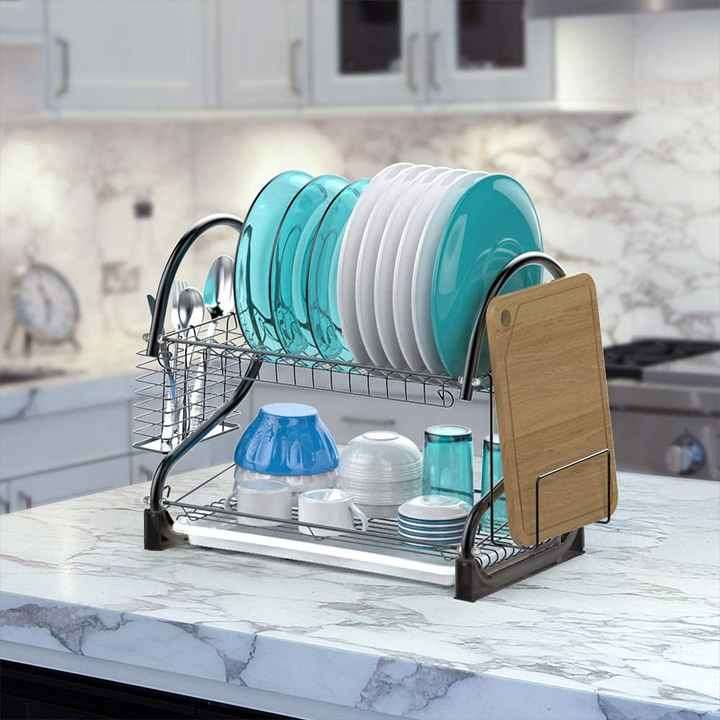 Kitchen Metal Iron 2 Tier Dish Rack with Utensil Holder Cup Holder Dish Drainer for Kitchen Counter