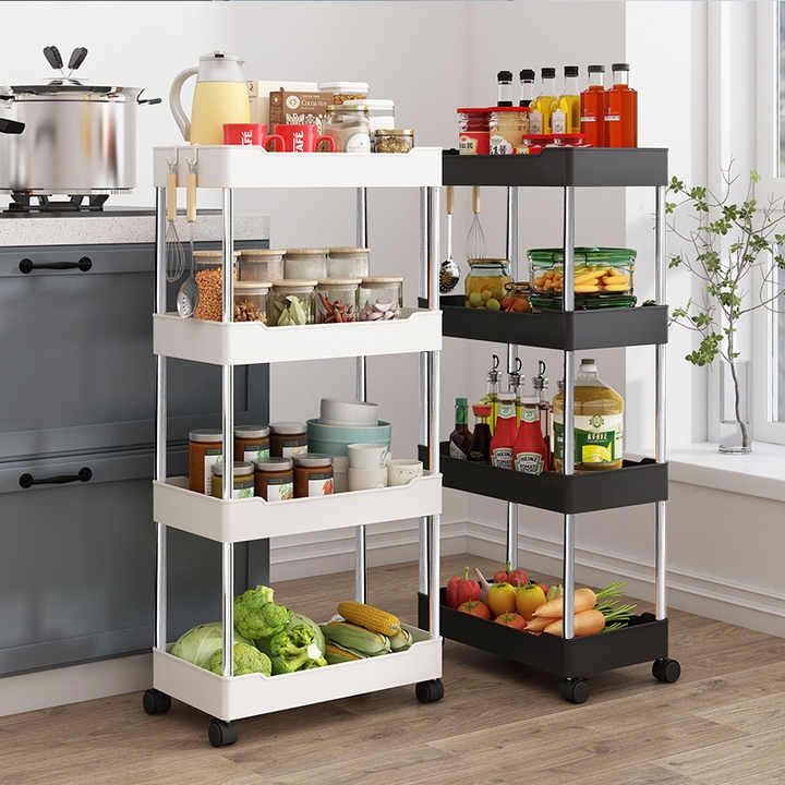 Four Layer Plastic Narrow Kitchen Corner Saves Space Plastic Rack Detachable with Wheels