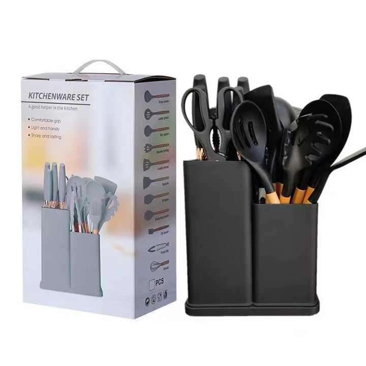 19-piece Set of Silica Gel Kitchen Utensil Set With Wooden Handle and Cuttings Board Storage Bucket
