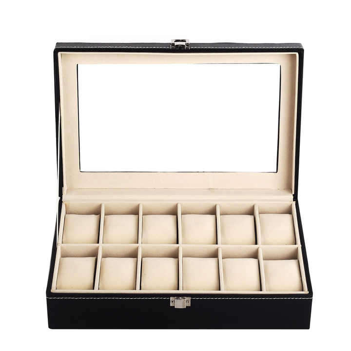 12 Slots Leather Transparent Watch Display Box for Stores Watch case with Pillows