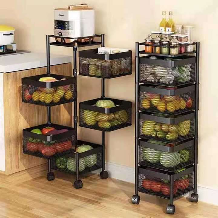 Multilayer Rotating Baskets Rack Storage Rack Shelf Vegetable Fruit Basket Kitchen Trolley Cart