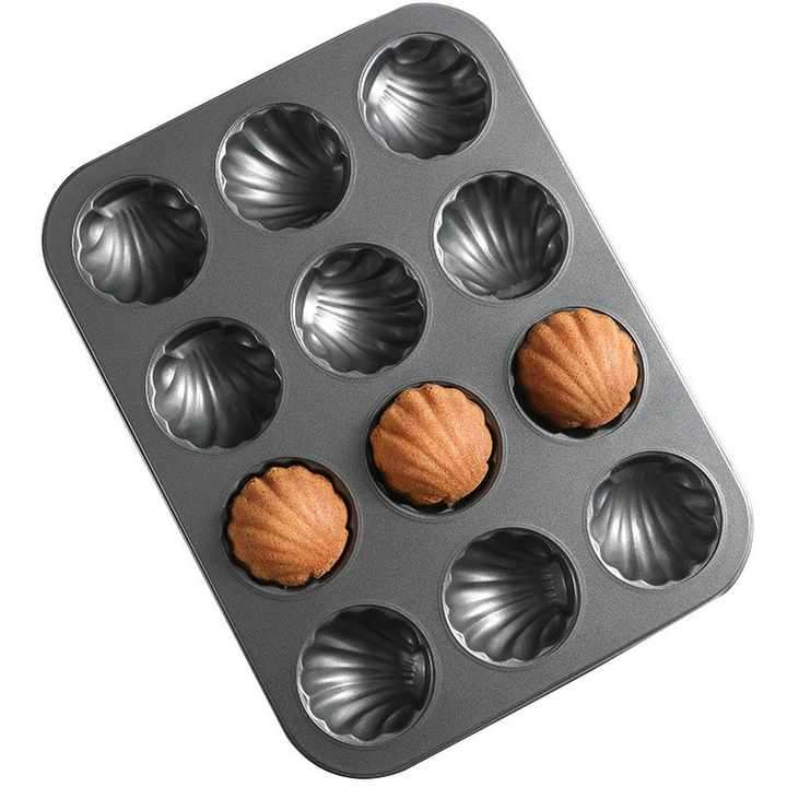 12 Cavity Non-Stick Carbon Steel Bakeare Shell Shaped Cake Baking Mold and Round Madeleine Pan Mold