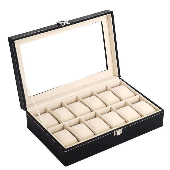 12 Slots Leather Transparent Watch Display Box for Stores Watch case with Pillows