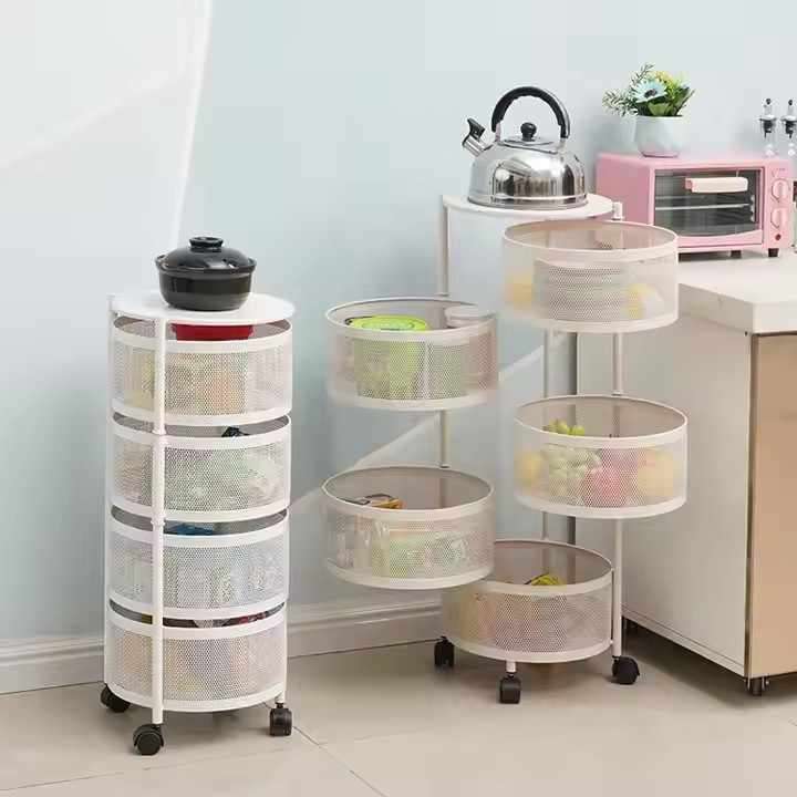 Multi-functional Floor-Mounted Kitchen Storage Cage Rotatable Vegetable & Fruit Rack Multi-Layered E