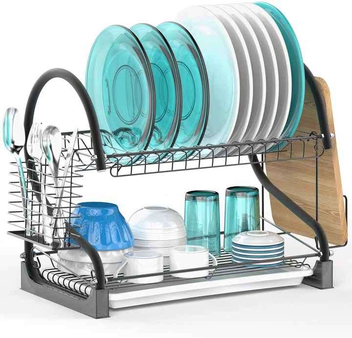 Kitchen Metal Iron 2 Tier Dish Rack with Utensil Holder Cup Holder Dish Drainer for Kitchen Counter