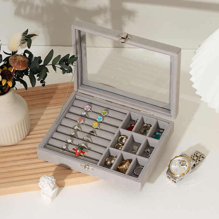 Velvet Transparent Glass Dustproof Rings Earrings Necklaces Jewelry Storage Jewelry Display Box