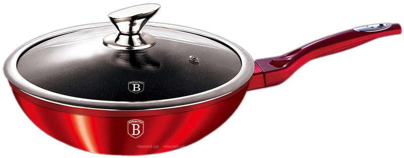 Berlinger Haus 28cm Metallic Line Marble Coating Induction Wok With Lid - Burgundy
