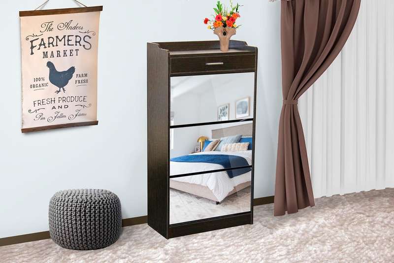 Mirror Shoe Cabinet - 3 Tier with Draw - Wenge
