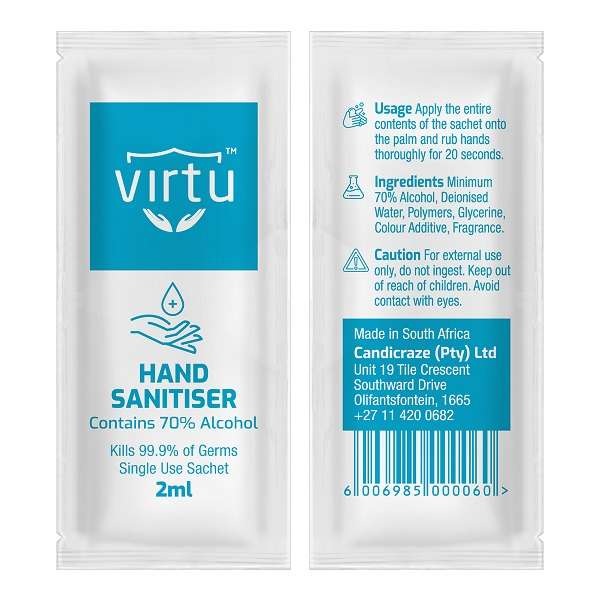 Virtu Hand Sanitiser Sachets | 500 x 2ml Single-use sachets