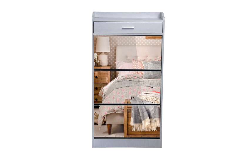 Mirror Shoe Cabinet - 3 Tier with Draw - Maple