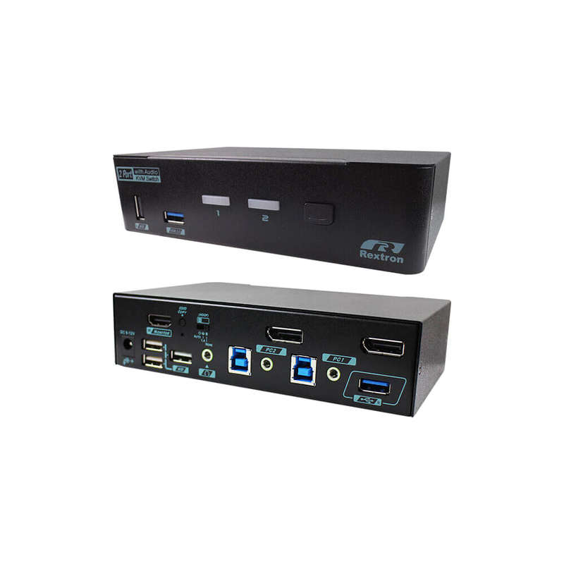 Rextron 2-Port 4K Displayport Kvm Switch To Hdmi2.0 And Usb3.2 Gen 1 With Audio And Hotkey Contro...