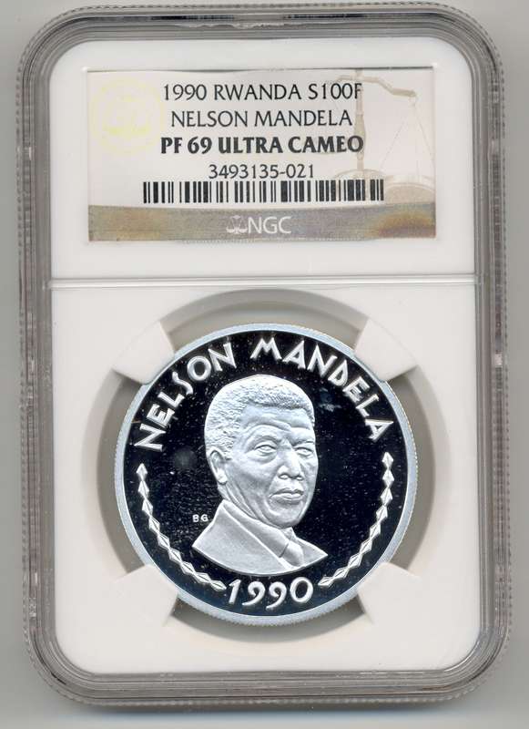 Nelson Mandela RWANDA *** Silver 100 Francs - 1990 *** PF69 UC *** 2nd Highest Grade