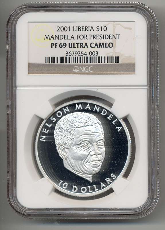 "MANDELA for President" *** SILVER $10 *** PF69 UC *** Liberia 2001