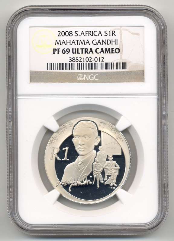 SILVER 1 RAND SALE *** 2008 MAHATMA GANDHI - PF69 Ultra Cameo *** 2nd highest grade