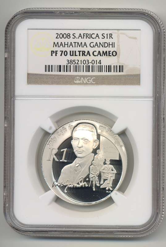 SILVER 1 RAND SALE *** 2008 MAHATMA GANDHI - PF70 Ultra Cameo *** Highest grade