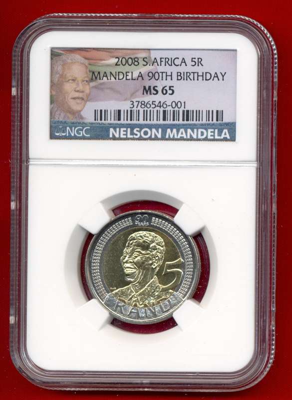 7 x MS65 COLOUR LABEL 90TH Birthday MANDELA R5's *** bid per coin