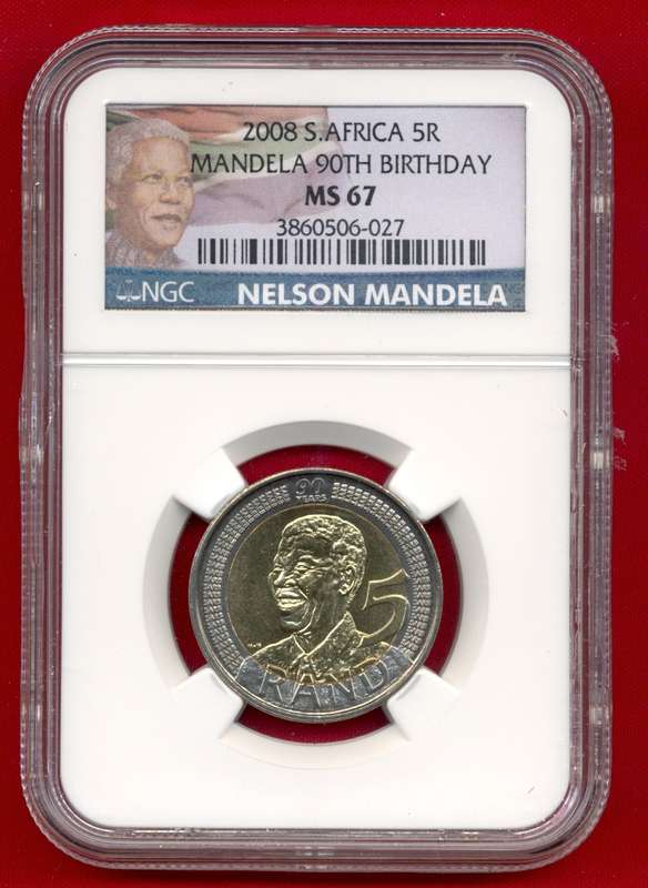 8 x MS67 NEW LABEL  90TH Birthday MANDELA R5's *** Very High Grade *** bid per coin