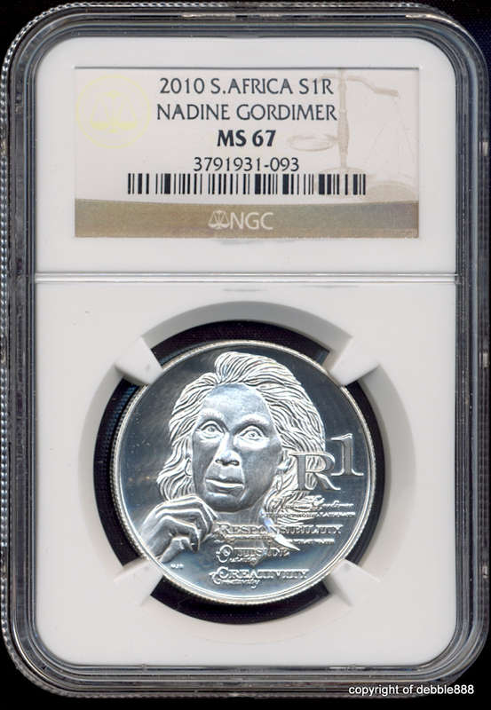 SILVER 1 RAND *** 2010 NADINE GORDIMER Nobel Laureate - MS67 *** 2nd highest grade *** Only 1 higher
