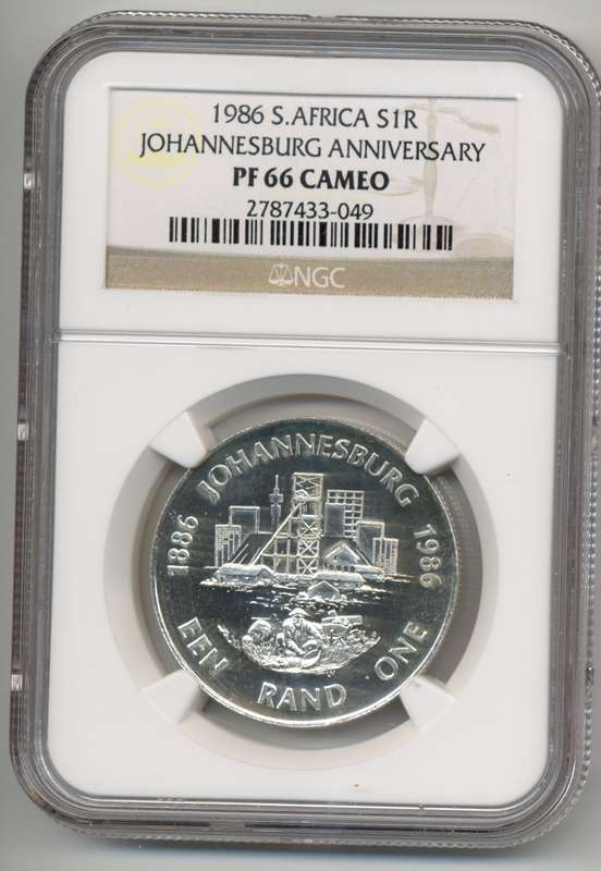 SILVER R1 SALE *** 1986 Johannesburg Anniversary - PF66 CAMEO *** only 7 better *** cameo more rare