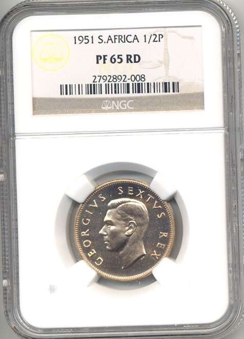 1951 *** 1/2P *** PF65RD *** Scarce colour; only 12 Reds graded in total