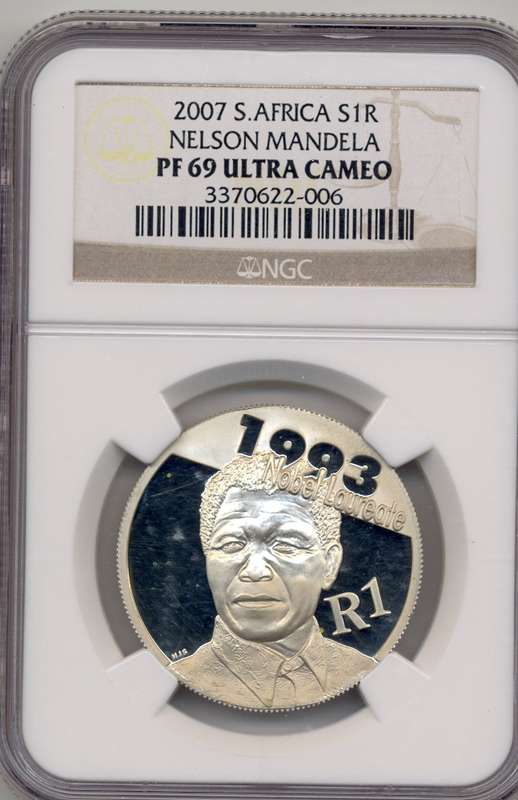 SILVER 1 RAND *** 2007 MANDELA Nobel Laureate - PF69 Ultra Cameo *** 2nd Highest Grade