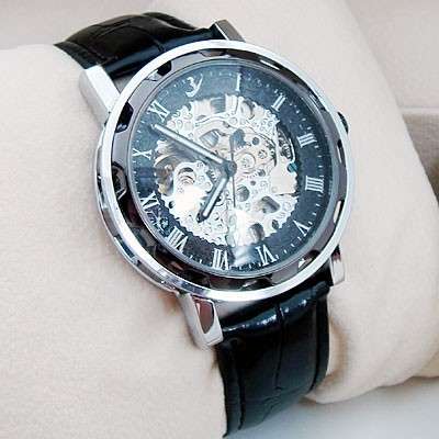 Mens Classic Watches Gentle Automatic Mechanical Black Leather Silver Skeleton Gift Watch Sale