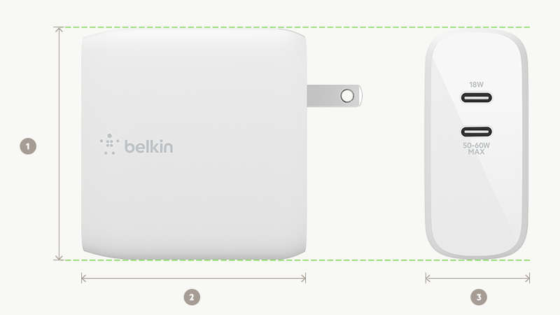 BOOSTâ'CHARGEâ¢ Dual USB-C GaN Wall Charger 68W dimensions diagram