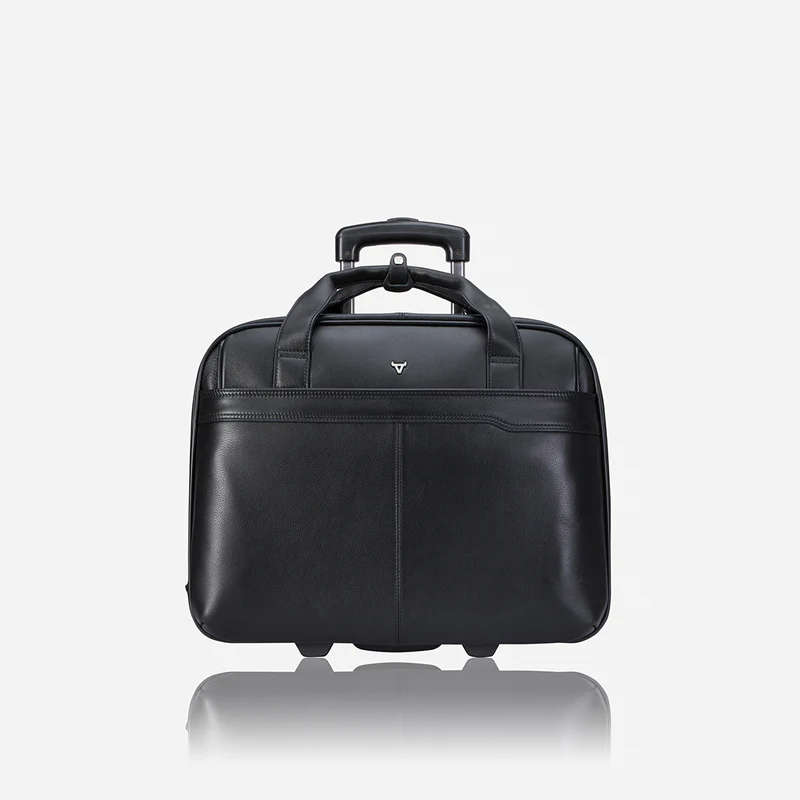 17" LEATHER LAPTOP BAG ON WHEELS, BLACK