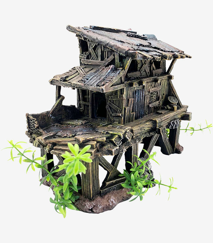 Wooden Dwelling Castle Aquarium Decoration | Medieval Fortress Fish Tank Ornament (21.5x15.2x17.5cm)