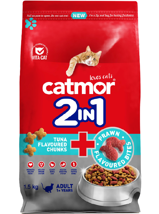 Catmor 2 in 1 Tuna + Prawn Flavoured Bites  Protein-Rich Dry Adult Cat Food  1.5kg Bag | Ca...