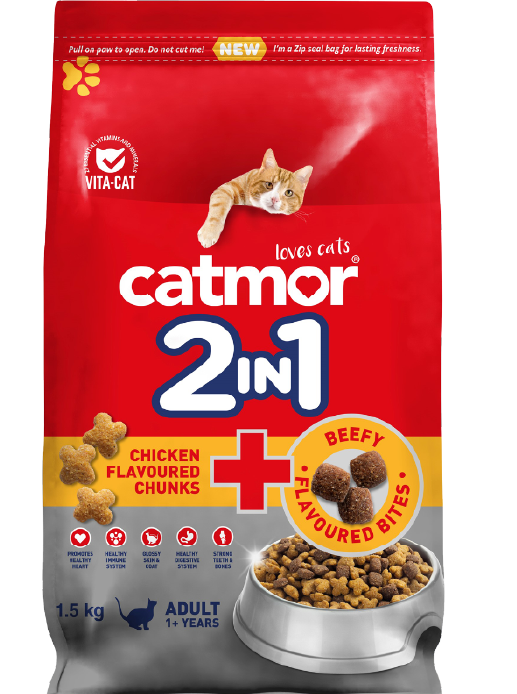 Catmor 2 in 1 Chicken + Beefy Flavoured Bites  Adult Cat Food 1.5KG | Protein-Rich Dry Cat Food