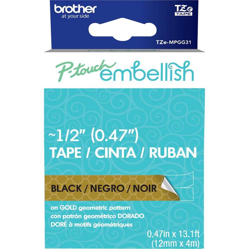 P-Touch Embellish Black Print Pattern Tape Gold Geometric