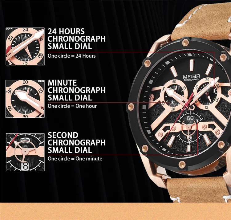 MEGIR 2120 Watch Men Chronograph Military 3D Face Male Clock Top Brand Luxury Genuine Leather Band Business Sport Wristwatch