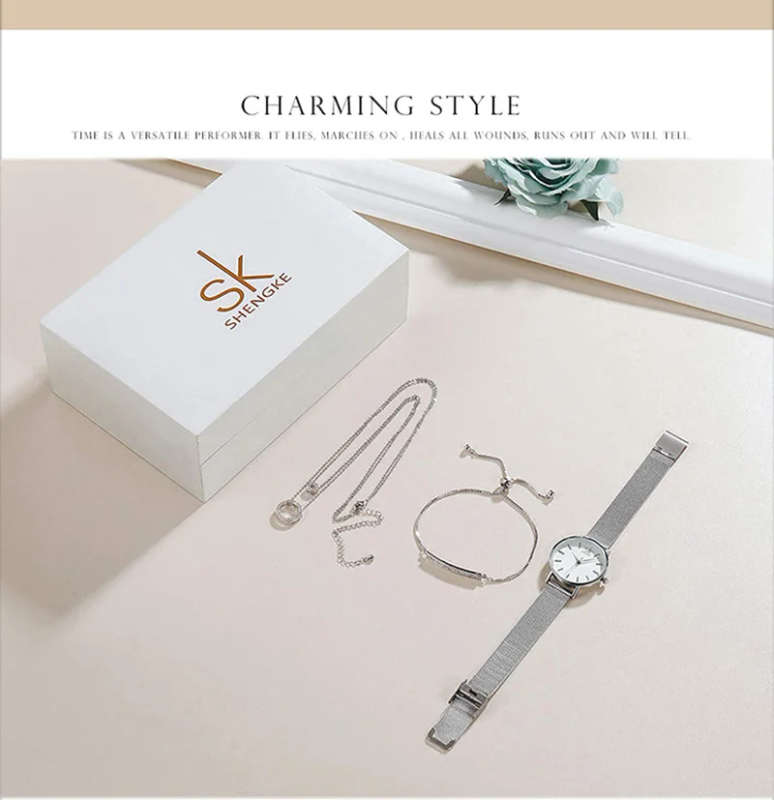 Shengke SK 0006 Brand Quartz Watch Set Women Fashion Crystal Pendant Necklace Bracelet Watches Jewelry Set Silver Luxury Gift