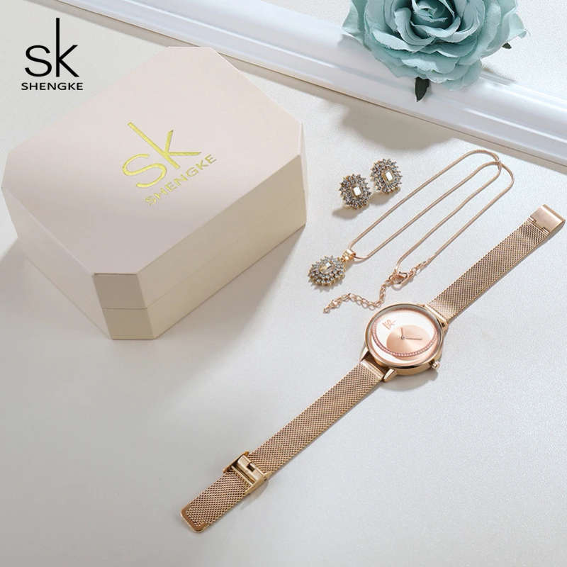 Creative Shengke SK Women Watch Set Crystal Earrings Necklace Ladies Quartz Watch Reloj Mujer Women Bracelet Watches Set Gifts