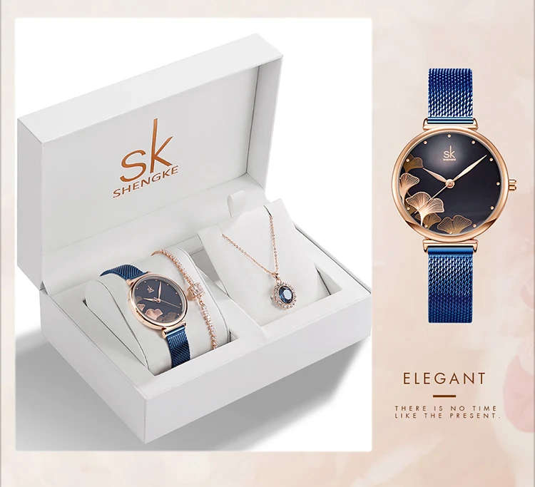 2021 New Shengke Creative Ladies Watch Quartz Luxury Brand Earrings Necklace SK Watch Women Jewelry Set Gift Fashion Reloj Mujer