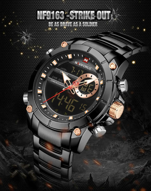 NAVIFORCE 9163 Top Brand Men Military Sport Watches Mens LED Analog Digital Watch Male Army Stainless Clock Relogio Masculino