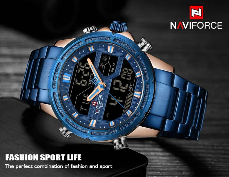 NAVIFORCE Men Watch 9138 Waterproof Full Steel Watches Men Wrist Digital LED Dual Display Wristwatches Relogio Masculino