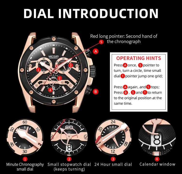 MEGIR 2120 Men's Quartz Movement Dress Watch Custom Logo OEM Leather Strap Analog Display Chronograph Watch