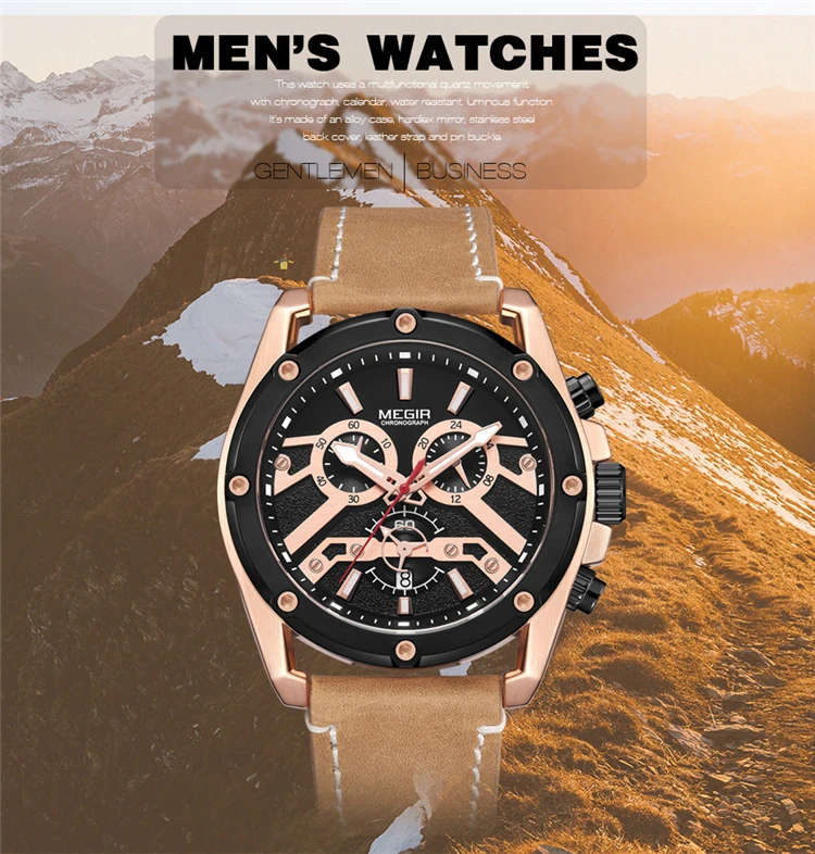 MEGIR 2120 Watch Men Chronograph Military 3D Face Male Clock Top Brand Luxury Genuine Leather Band Business Sport Wristwatch