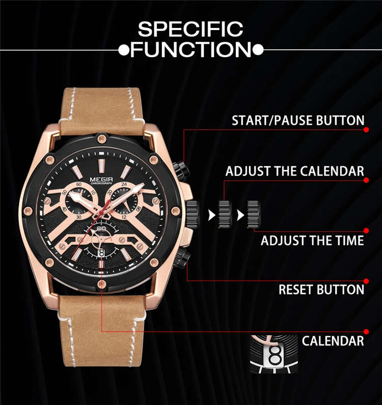 MEGIR 2120 Watch Men Chronograph Military 3D Face Male Clock Top Brand Luxury Genuine Leather Band Business Sport Wristwatch