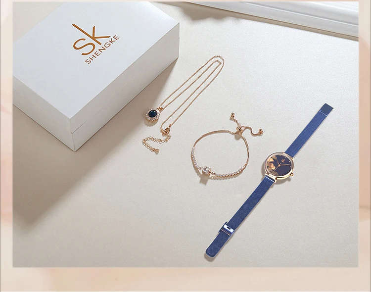 2021 New Shengke Creative Ladies Watch Quartz Luxury Brand Earrings Necklace SK Watch Women Jewelry Set Gift Fashion Reloj Mujer