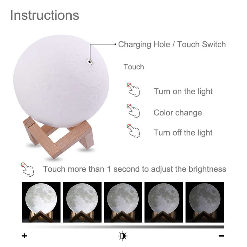20cm Moon Lamp Light Night Light Light for Kids Gift for Women USB Charging and Touch Control Brightness 3D Printed Lunar Lamp