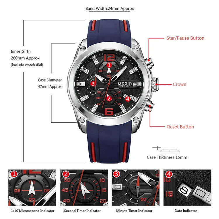 Megir 2063 Top Luxury Brand Watches Men Classic Silicone Strap Sport Calendar Waterproof Chronograph Fashion Quartz Watch Hot