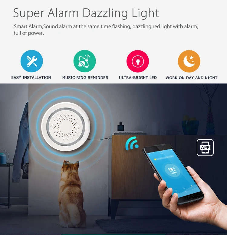 Smart Life APP Wifi Controlled 100dB Siren Alarm Sensor System Supports Echo Show and Google Home